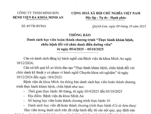 THÔNG BÁO DANH SÁCH HỌC VIÊN HOÀN THÀNH CHƯƠNG TRÌNH THỰC HÀNH KHÁM BỆNH CHỮA BỆNH (NGÀY 05/10/2025)