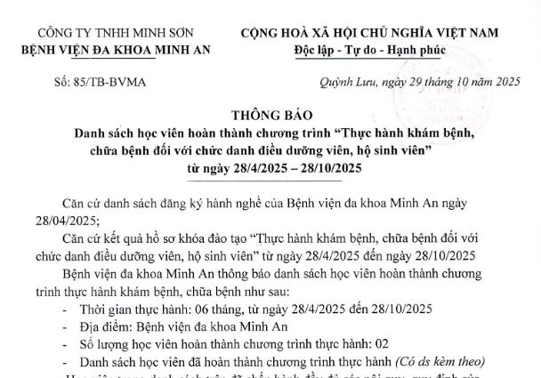 DANH SÁCH HỌC VIÊN HOÀN THÀNH CHƯƠNG TRÌNH THỰC HÀNH KHÁM CHỮA BỆNH NGÀY 28/10/2025 (Từ 28/04/2025-28/10/2025)