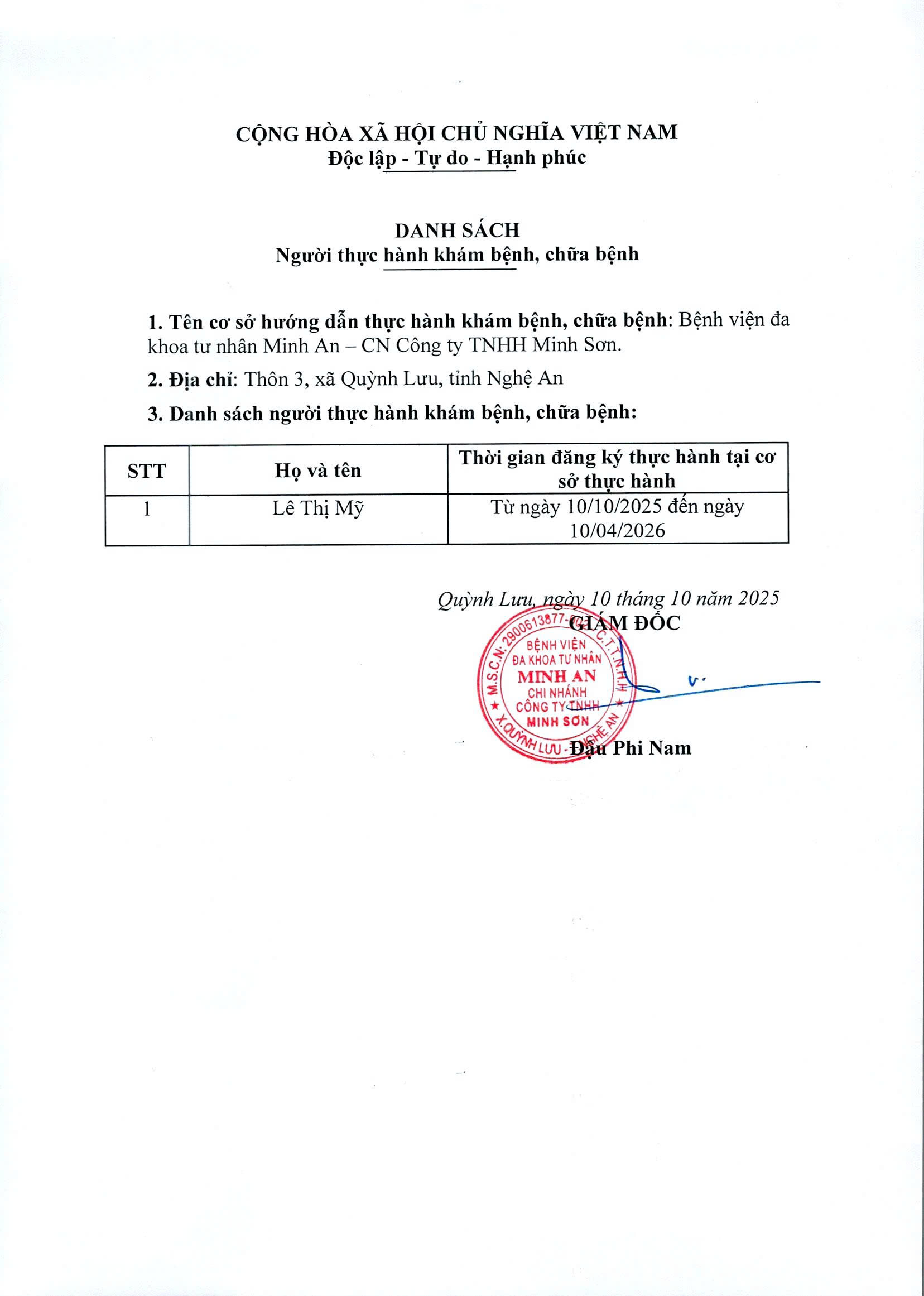 DANH SÁCH ĐĂNG KÝ THỰC HÀNH KHÁM BỆNH, CHỮA BỆNH (Ngày 10/10/2025)