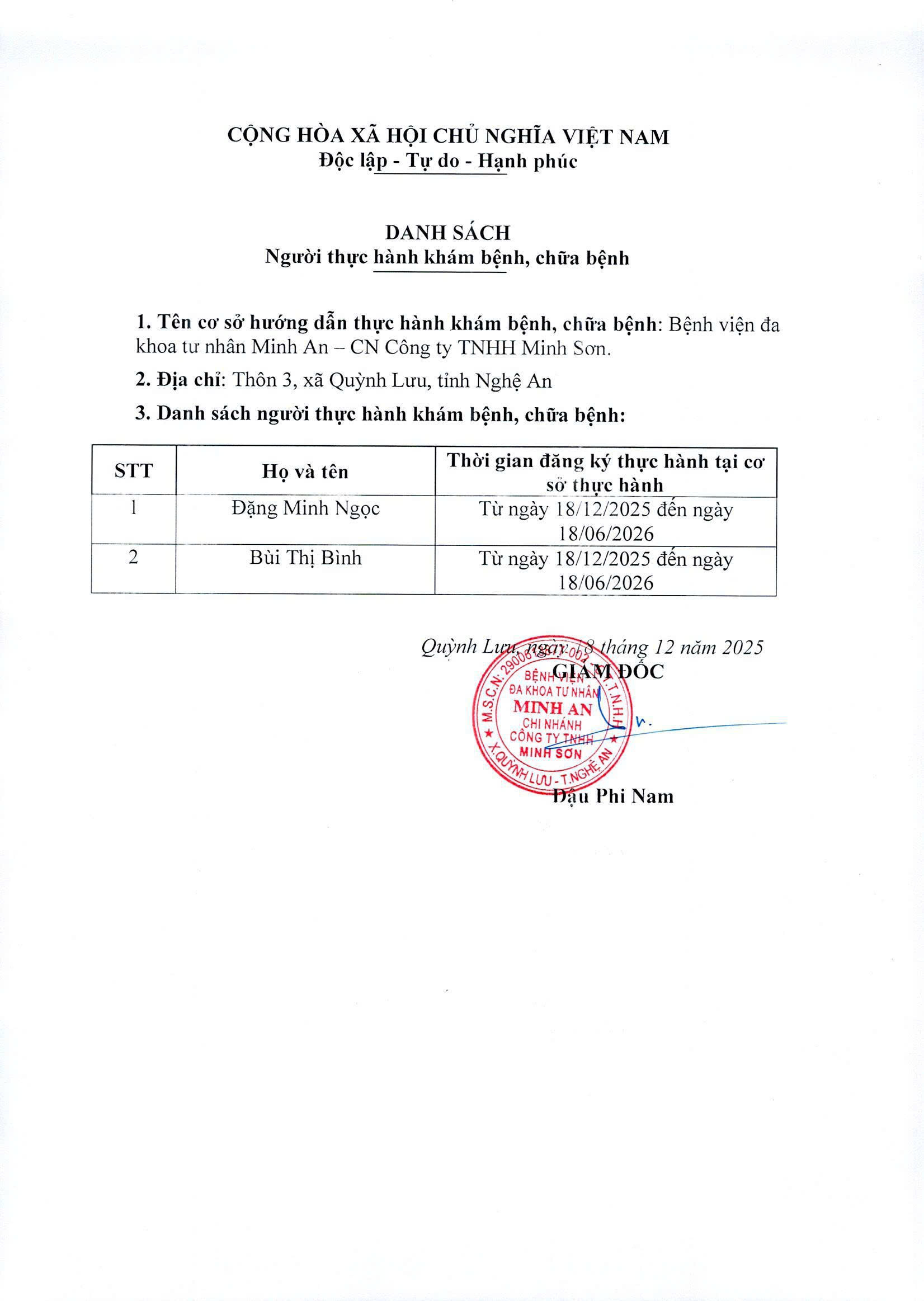 DANH SÁCH NGƯỜI THỰC HÀNH KHÁM BỆNH CHỮA BỆNH 18/12/2025