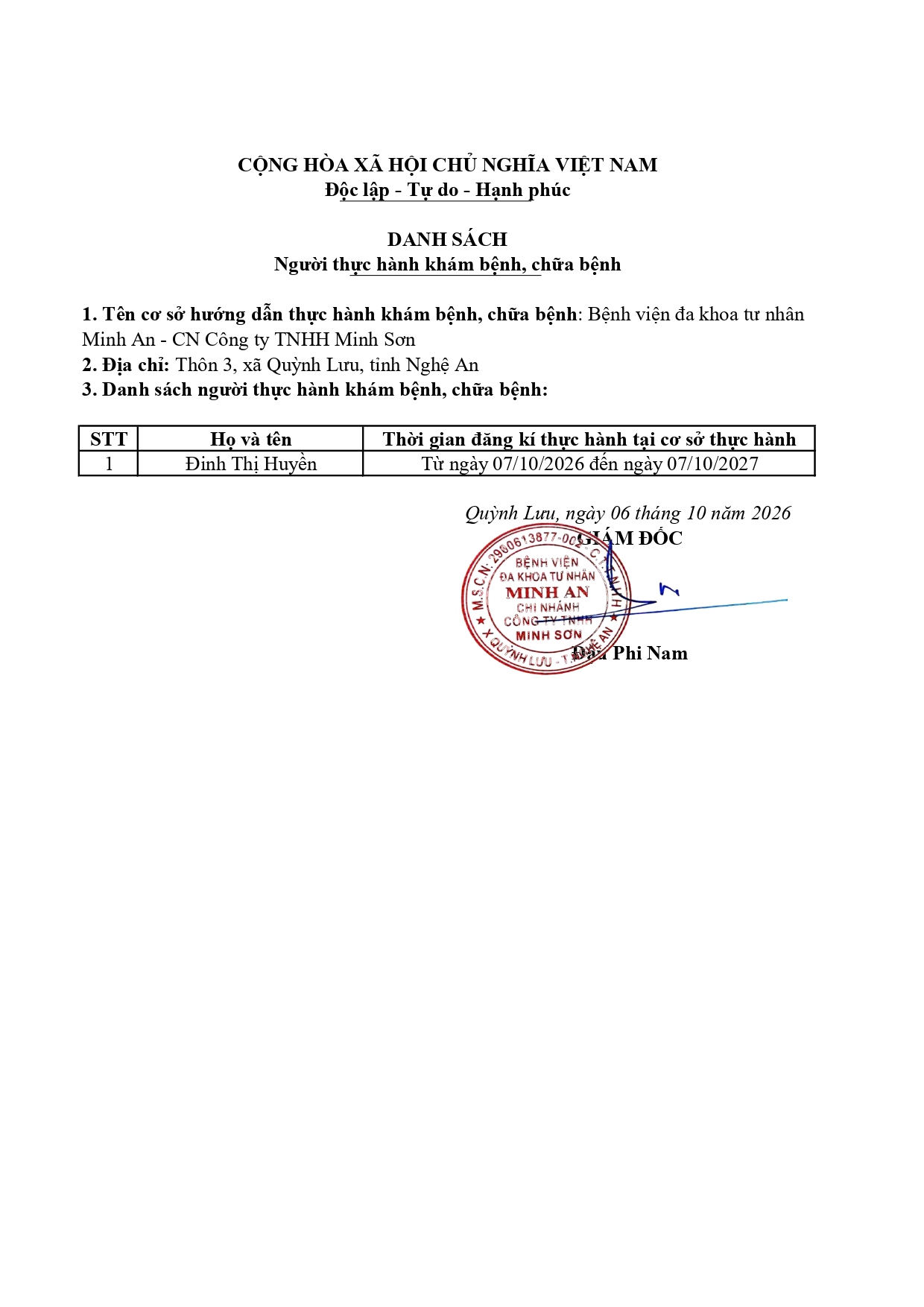 DANH SÁCH ĐĂNG KÝ THỰC HÀNH KHÁM BỆNH, CHỮA BỆNH (NGÀY 07/10/2026)