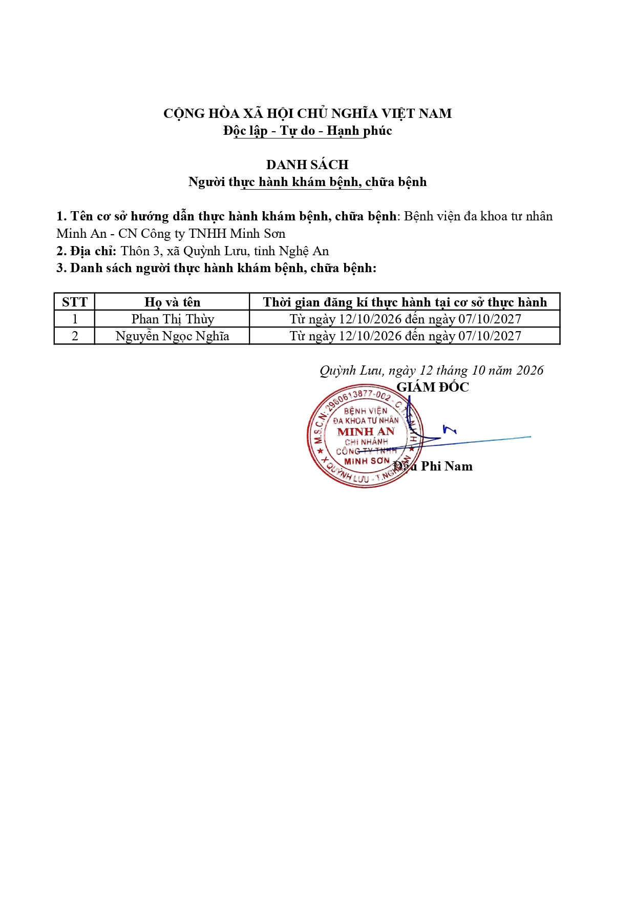 DANH SÁCH ĐĂNG KÝ THỰC HÀNH KHÁM BỆNH, CHỮA BỆNH (NGÀY 12/10/2026)