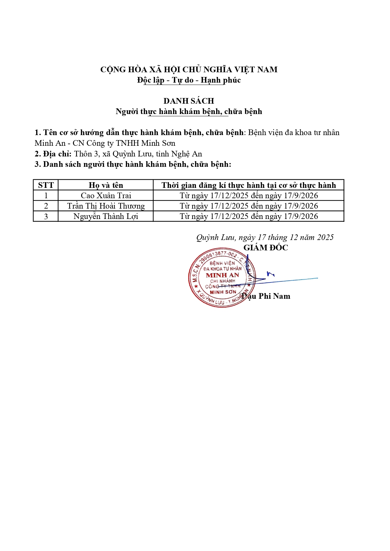 DANH SÁCH ĐĂNG KÝ THỰC HÀNH KHÁM BỆNH, CHỮA BỆNH (17/12/2025)