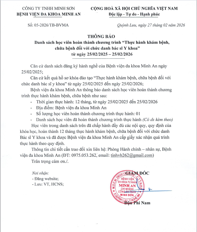 DANH SÁCH HOÀN THÀNH CHƯƠNG TRÌNH THỰC HÀNH KHÁM BỆNH, CHỮA BỆNH (ngày 18/06/2025)