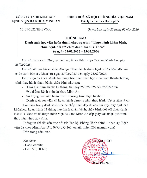 DANH SÁCH HOÀN THÀNH CHƯƠNG TRÌNH THỰC HÀNH KHÁM BỆNH, CHỮA BỆNH (Ngày 25/02/2026)