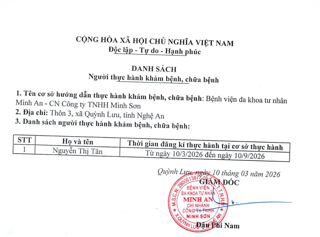 DANH SÁCH ĐĂNG KÝ THỰC HÀNH KHÁM BỆNH, CHỮA BỆNH TẠI BVĐK MINH AN (NGÀY 10/03/2026)