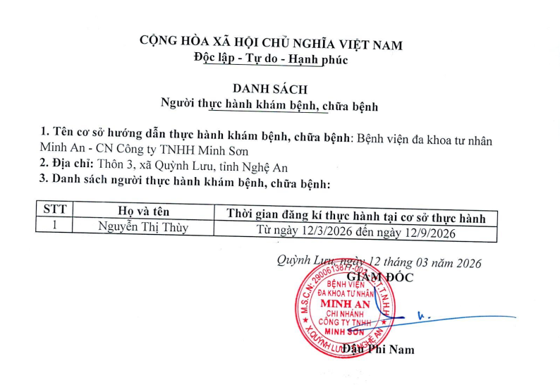DANH SÁCH ĐĂNG KÝ THỰC HÀNH KHÁM BỆNH, CHỮA BỆNH TẠI BVĐK MINH AN (NGÀY 12/03/2026)