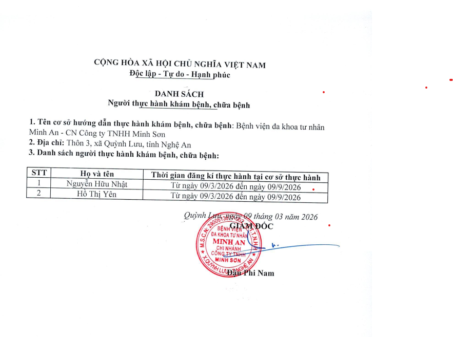 DANH SÁCH ĐĂNG KÝ THỰC HÀNH KHÁM BỆNH, CHỮA BỆNH TẠI BVĐK MINH AN (NGÀY 09/03/2026)