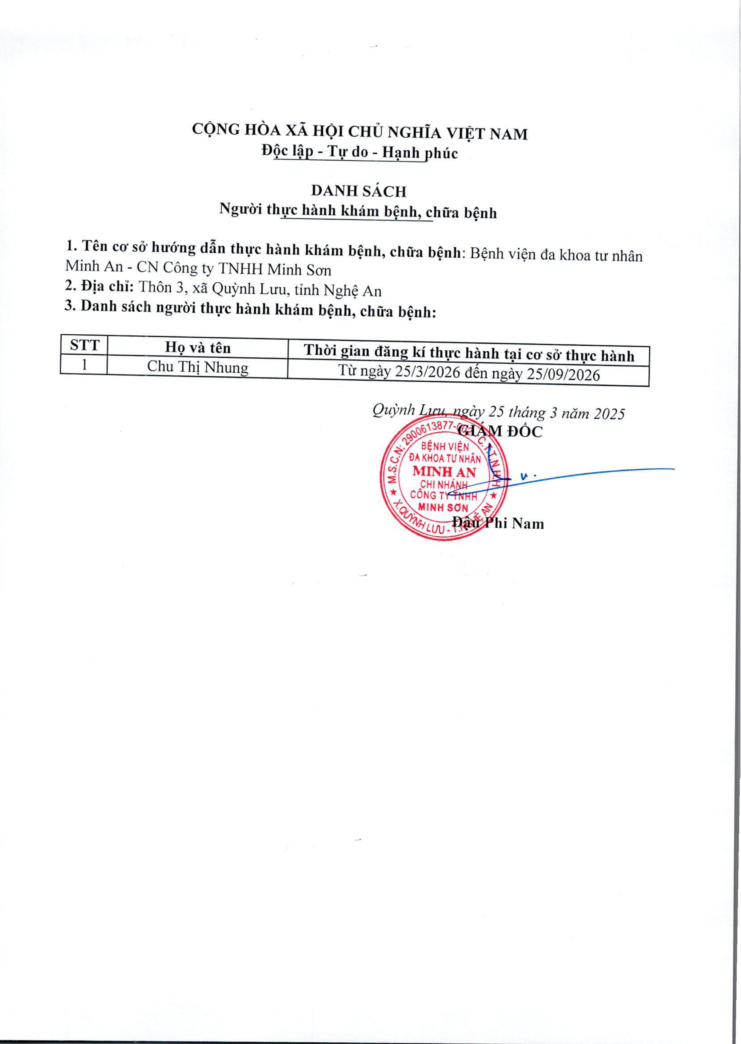  DANH SÁCH ĐĂNG KÝ THỰC HÀNH KHÁM BỆNH, CHỮA BỆNH TẠI BVĐK MINH AN (NGÀY 25/03/2026)