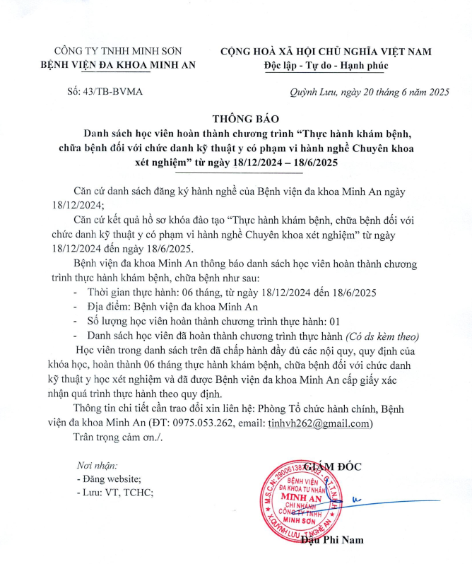 DANH SÁCH HOÀN THÀNH CHƯƠNG TRÌNH THỰC HÀNH KHÁM BỆNH, CHỮA BỆNH (ngày 18/06/2025)