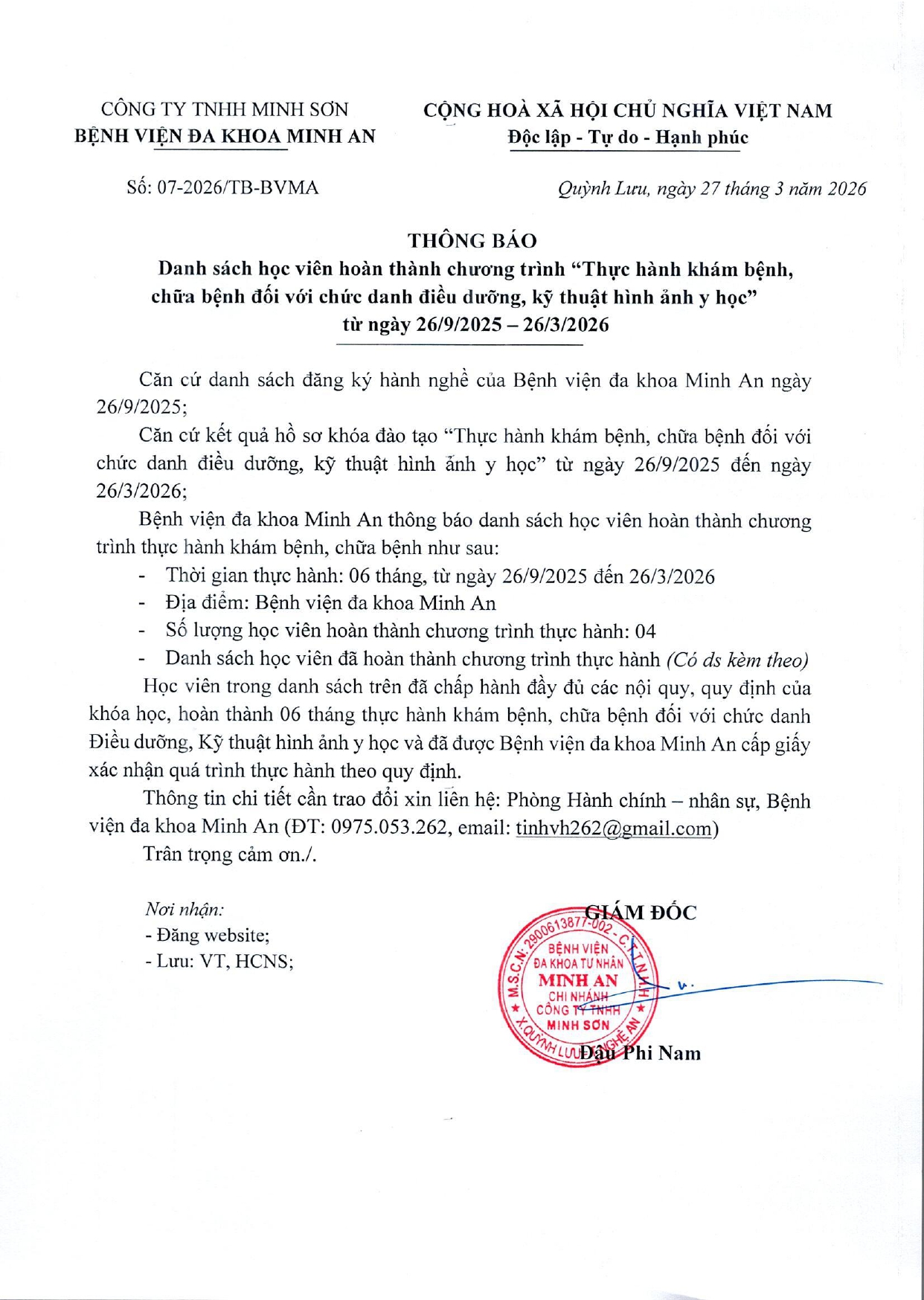 DANH SÁCH HOÀN THÀNH THỰC HÀNH KHÁM BỆNH, CHỮA BỆNH (NGÀY 26/03/2026)