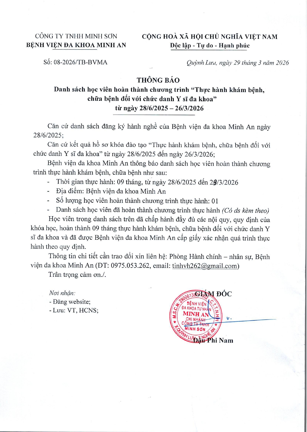 DANH SÁCH HOÀN THÀNH THỰC HÀNH KHÁM BỆNH, CHỮA BỆNH (NGÀY 29/03/2026)