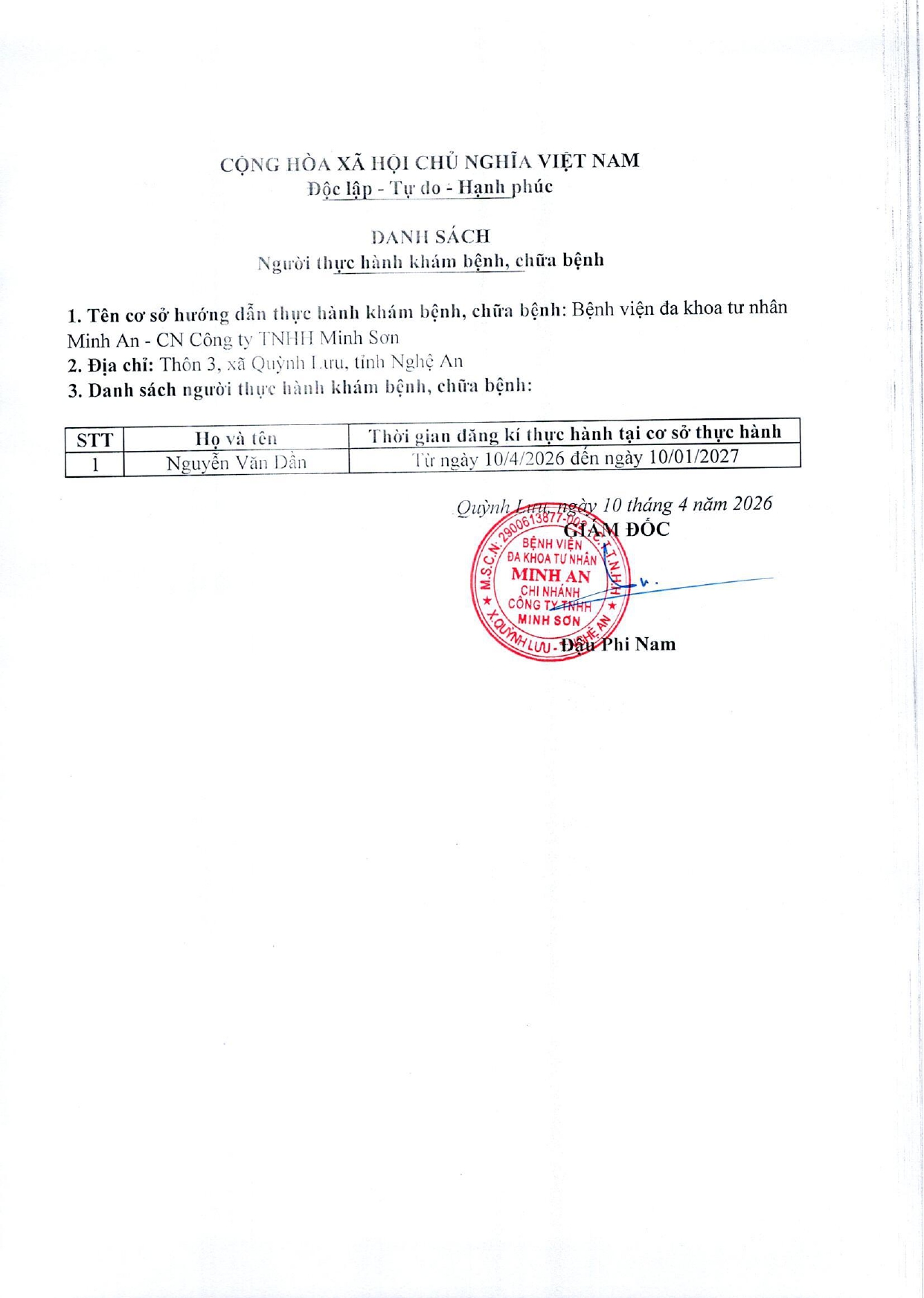 DANH SÁCH ĐĂNG KÝ THỰC HÀNH KHÁM BỆNH, CHỮA BỆNH (NGÀY 10/04/2026)