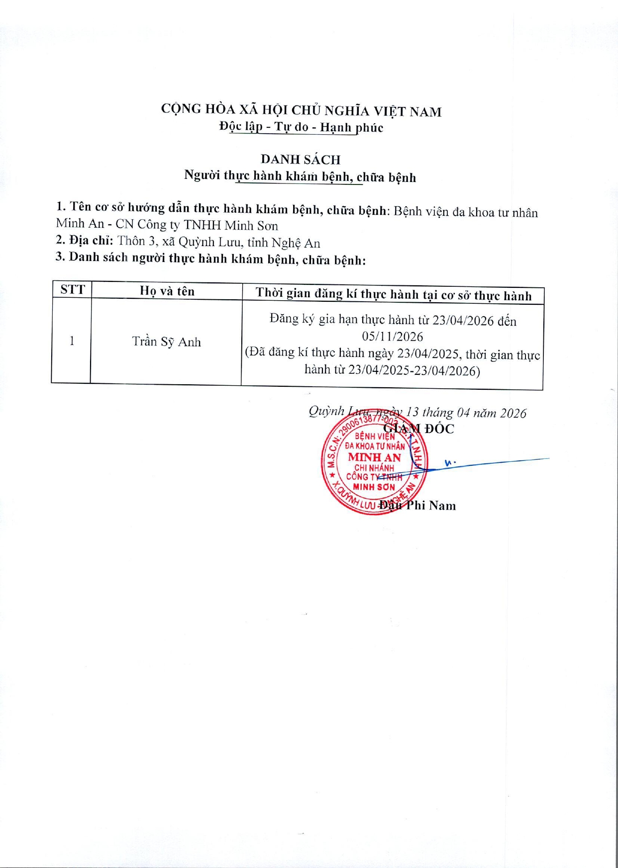 DANH SÁCH ĐĂNG KÍ GIAN HẠN THỰC HÀNH KHÁM BỆNH, CHỮA BỆNH (NGÀY 13/04/2026)