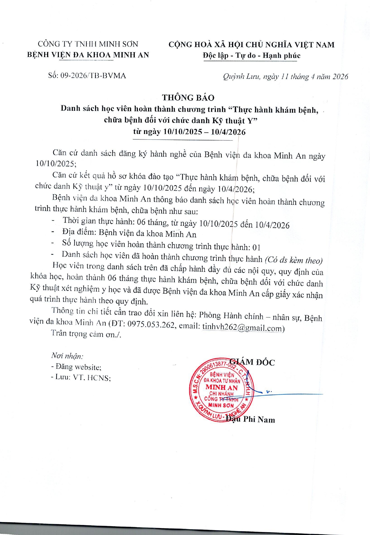 DANH SÁCH HOÀN THÀNH THỰC HÀNH KHÁM BỆNH, CHỮA BỆNH (NGÀY 10/04/2026)