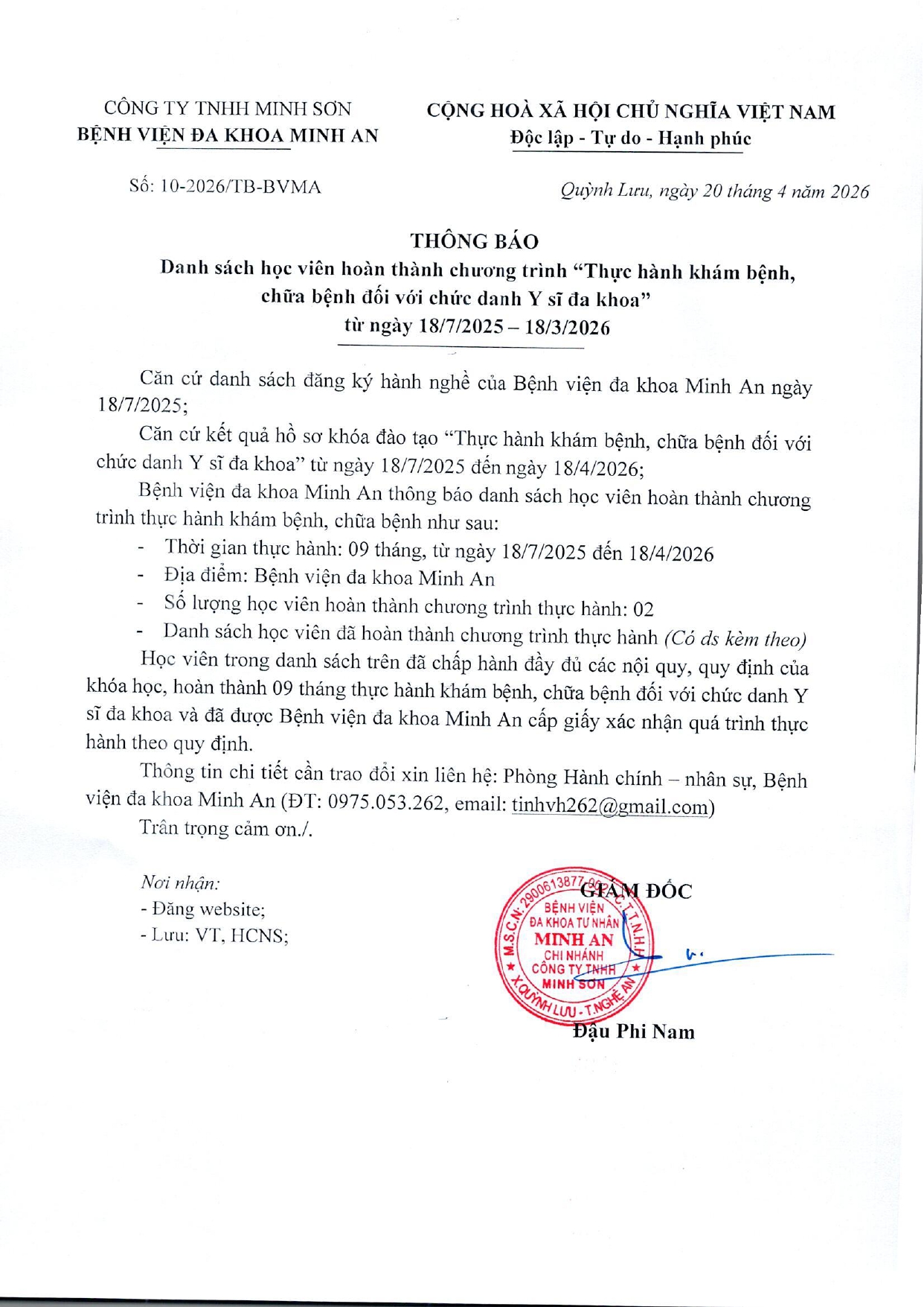 DANH SÁCH HOÀN THÀNH THỰC HÀNH KHÁM BỆNH, CHỮA BỆNH (NGÀY 18/04/2026)
