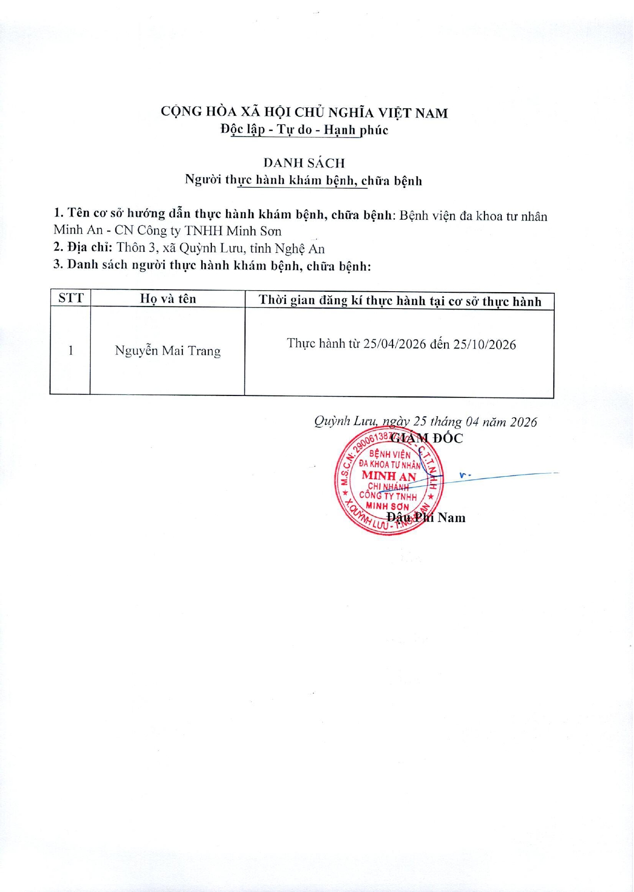 DANH SÁCH ĐĂNG KÝ THỰC HÀNH KHÁM BỆNH, CHỮA BỆNH_NGÀY 25/04/2026