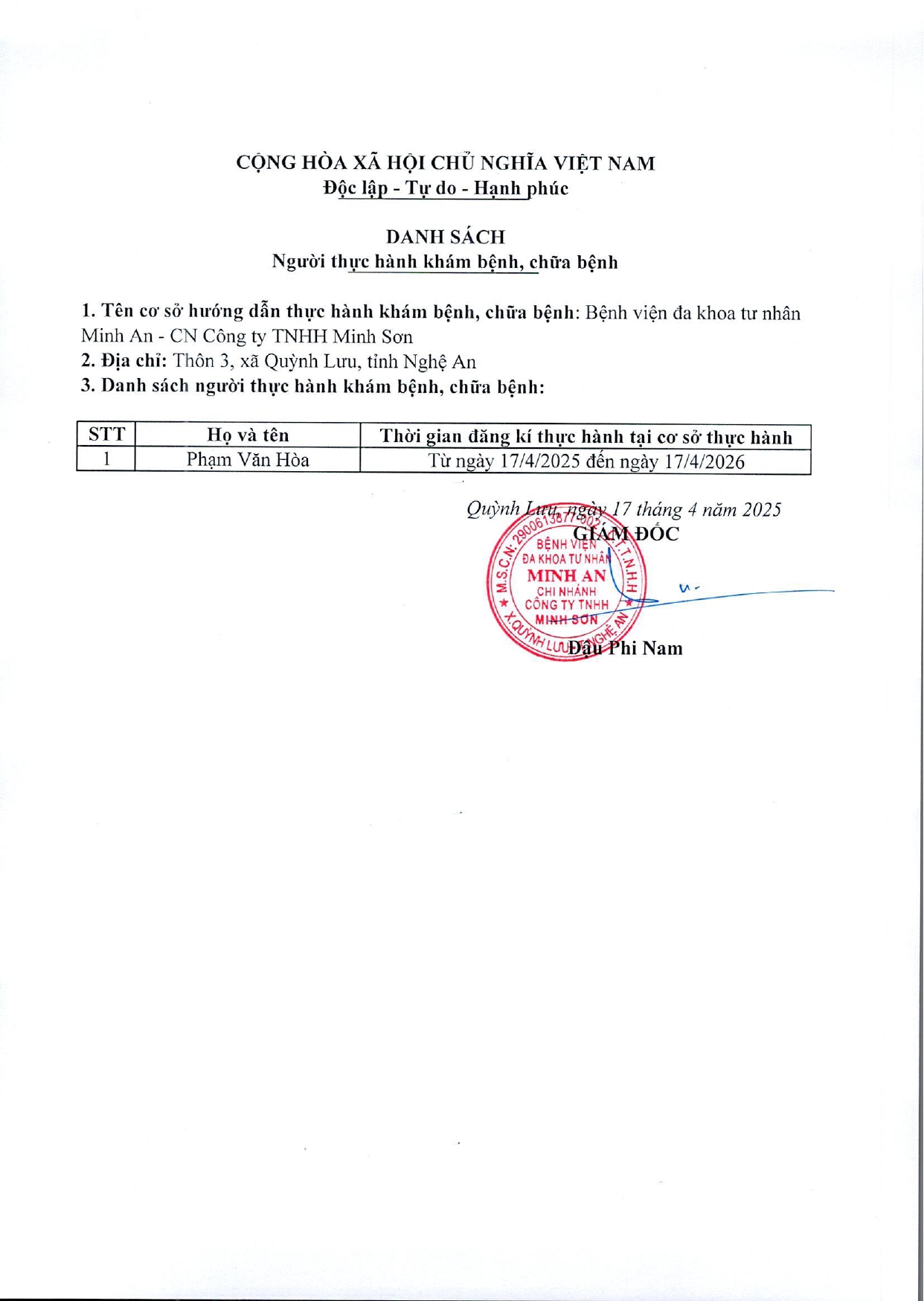 DANH SÁCH ĐĂNG KÍ THỰC HÀNH KHÁM BỆNH, CHỮA BỆNH_NGÀY 17/04/2025