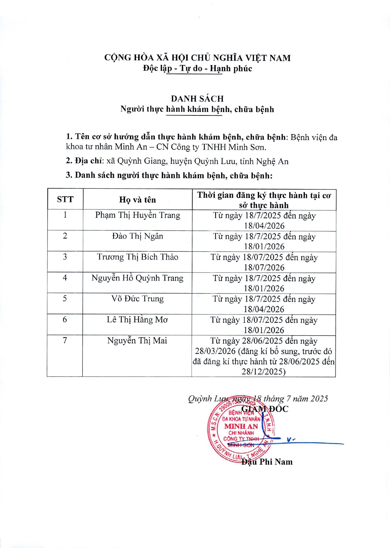 DANH SÁCH ĐĂNG KÝ THỰC HÀNH KHÁM BỆNH, CHỮA BỆNH _ NGÀY 25/05/2026