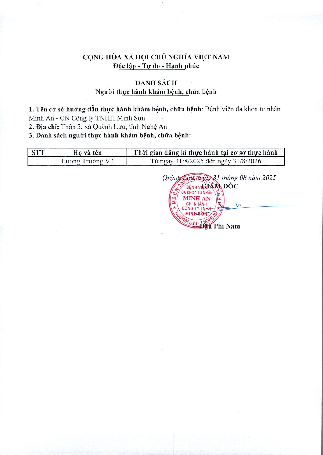 DANH SÁCH ĐĂNG KÍ THỰC HÀNH KHÁM BỆNH, CHỮA BỆNH_NGÀY 31/08/2025