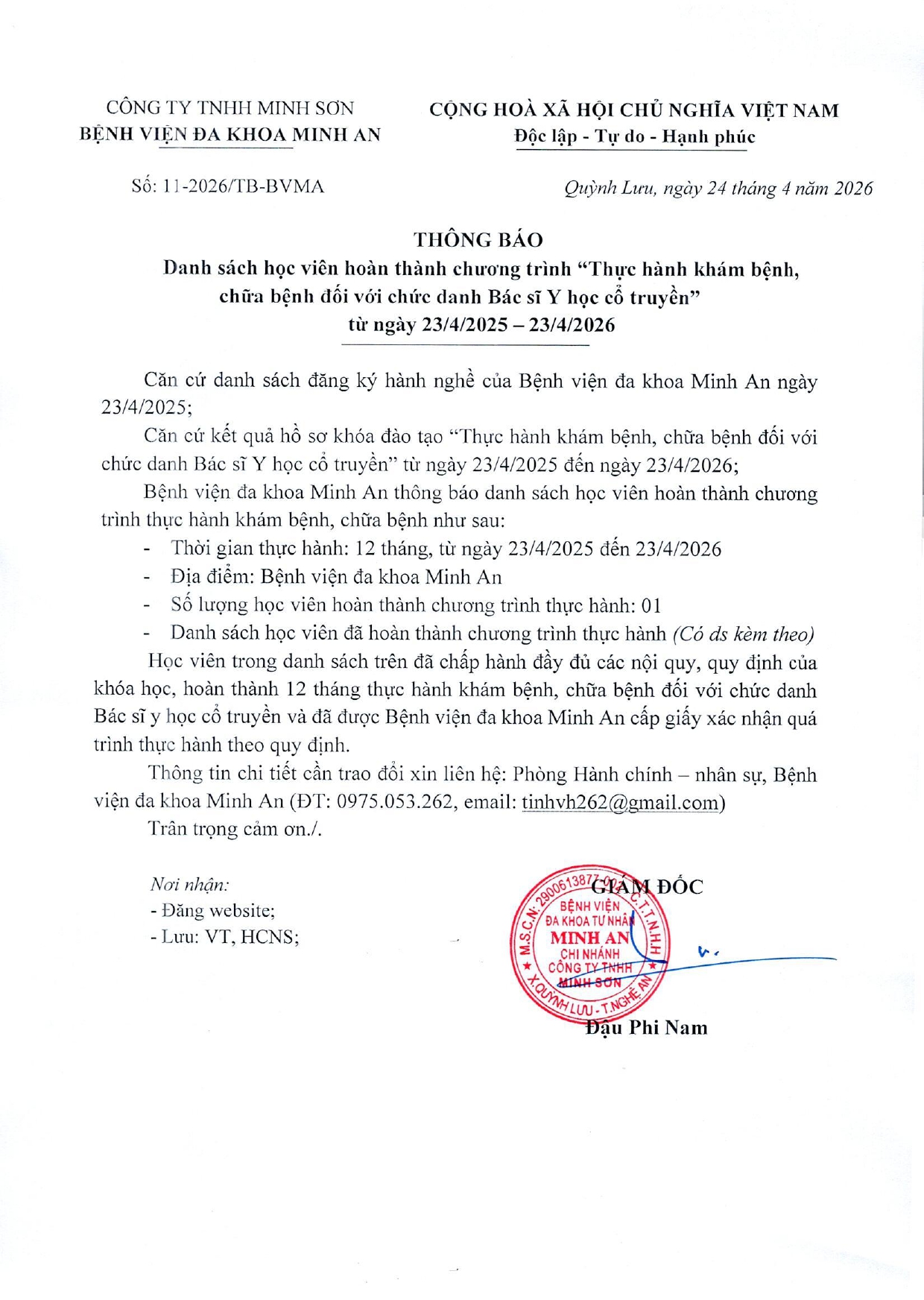 DANH SÁCH HOÀN THÀNH THỰC HÀNH KHÁM BỆNH, CHỮA BỆNH (NGÀY 23/04/2026)