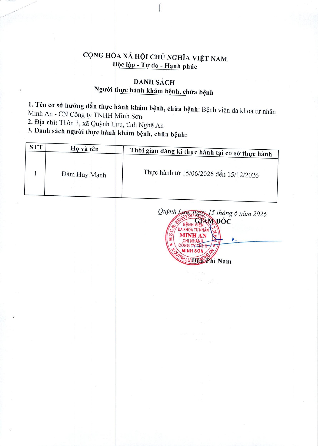 DANH SÁCH ĐĂNG KÝ THỰC HÀNH KHÁM BỆNH, CHỮA BỆNH_NGÀY 15/06/2026