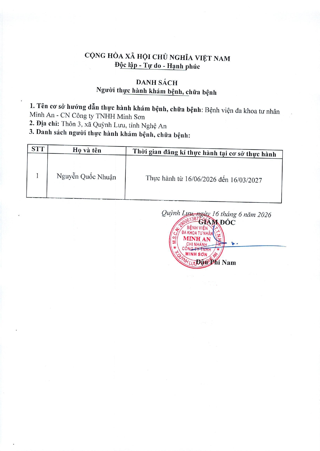 DANH SÁCH ĐĂNG KÝ THỰC HÀNH KHÁM BỆNH, CHỮA BỆNH_NGÀY 16/06/2026