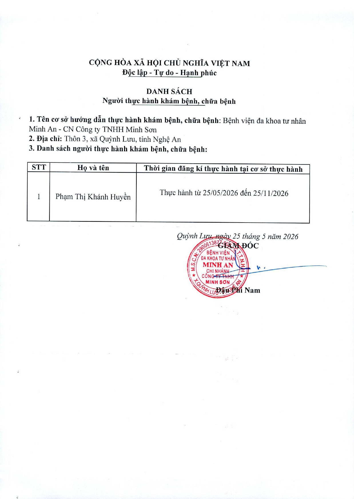 DANH SÁCH ĐĂNG KÝ THỰC HÀNH KHÁM BỆNH, CHỮA BỆNH _ NGÀY 25/05/2026