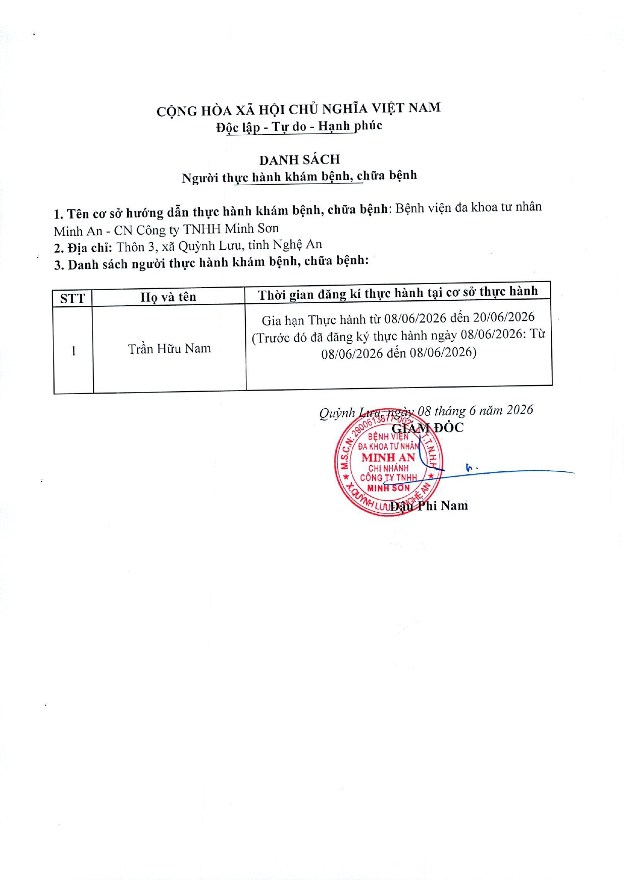 DS GIA HẠN THỜI GIAN THỰC HÀNH KHÁM BỆNH, CHỮA BỆNH_NGÀY 08/06/2026