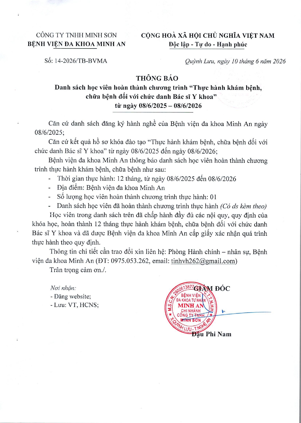 DANH SÁCH HOÀN THÀNH THỰC HÀNH KHÁM BỆNH, CHỮA BỆNH (NGÀY 08/06/2026)