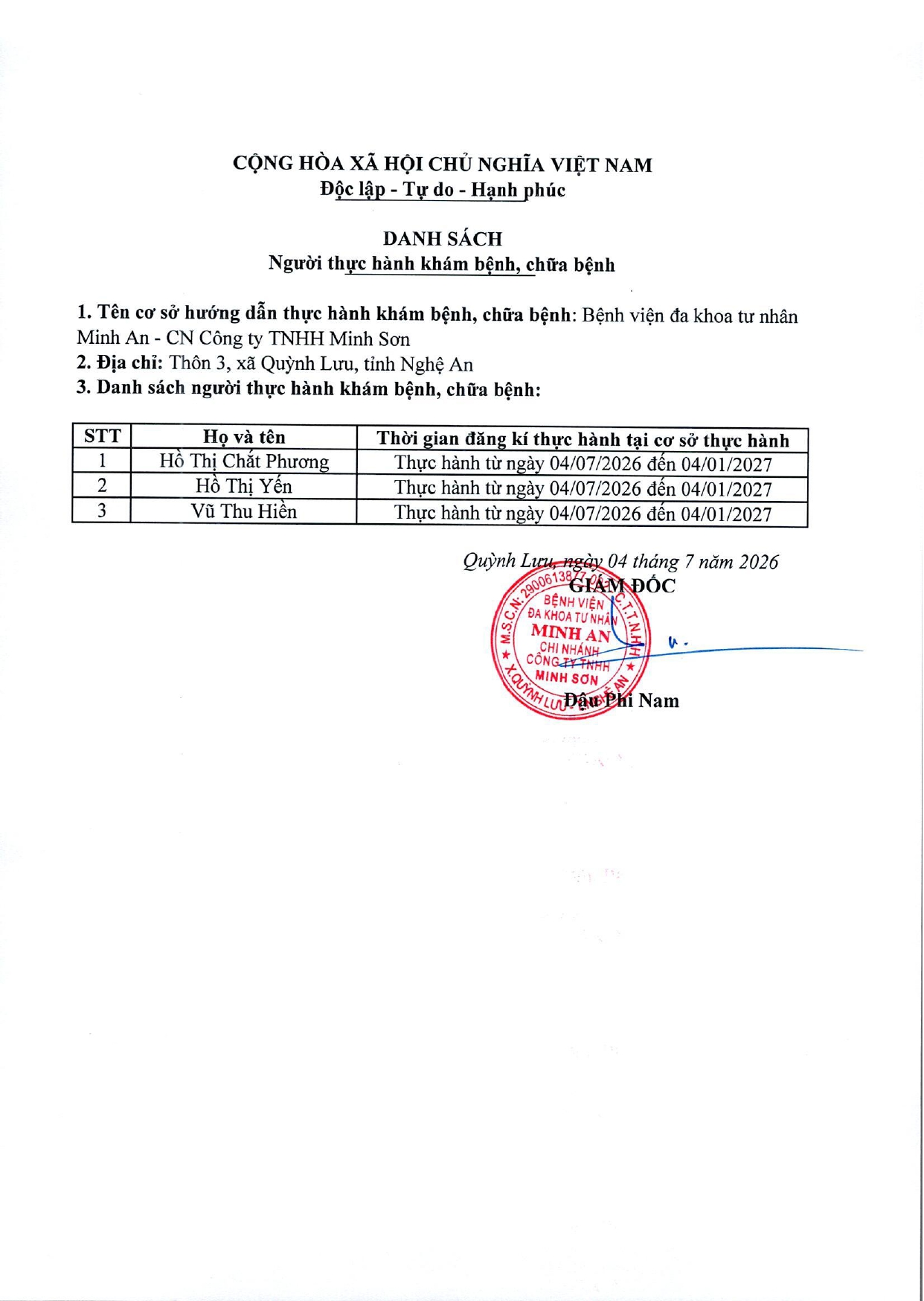 DANH SÁCH ĐĂNG KÝ THỰC HÀNH KHÁM BỆNH, CHỮA BỆNH (NGÀY 04/07/2026)