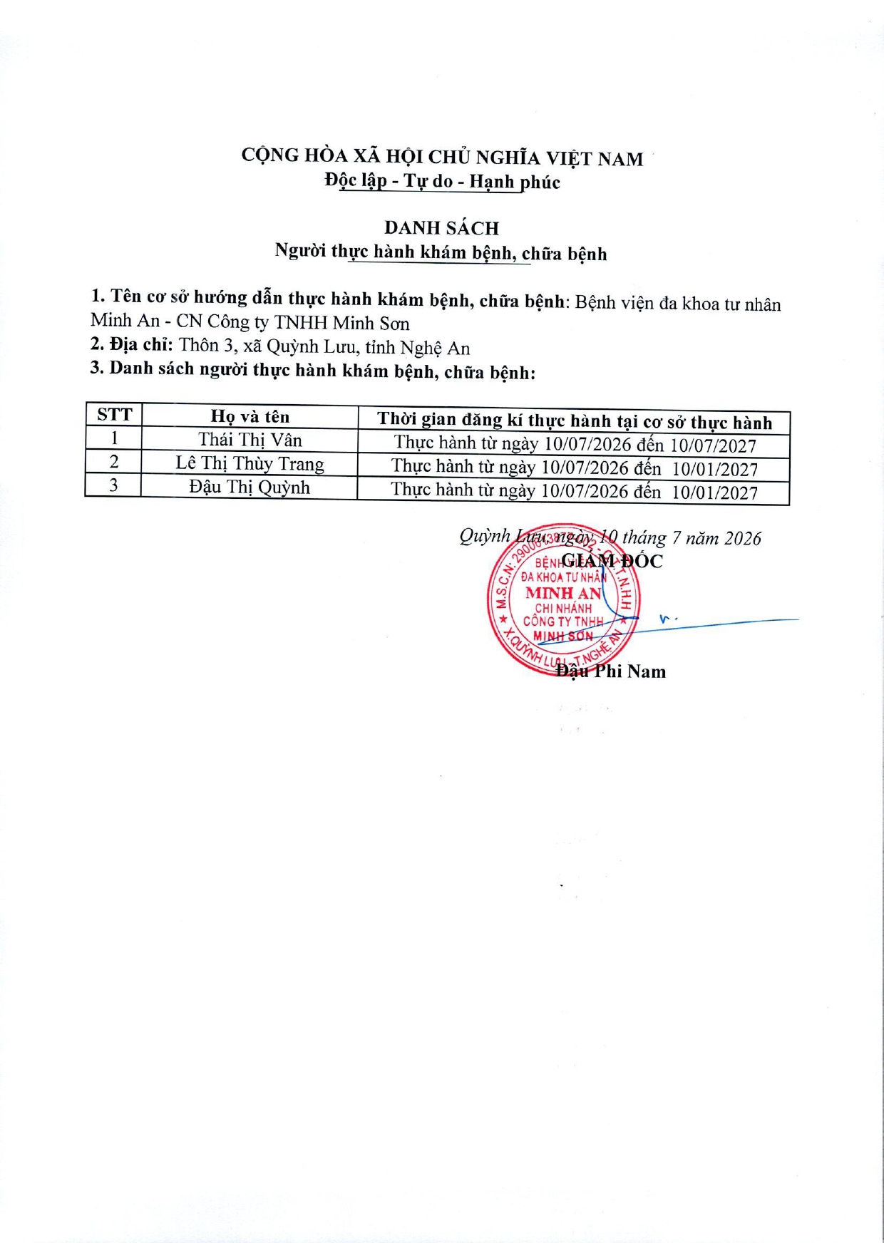 DANH SÁCH ĐĂNG KÍ THỰC HÀNH KHÁM BỆNH, CHỮA BỆNH (NGÀY 10/07/2026)