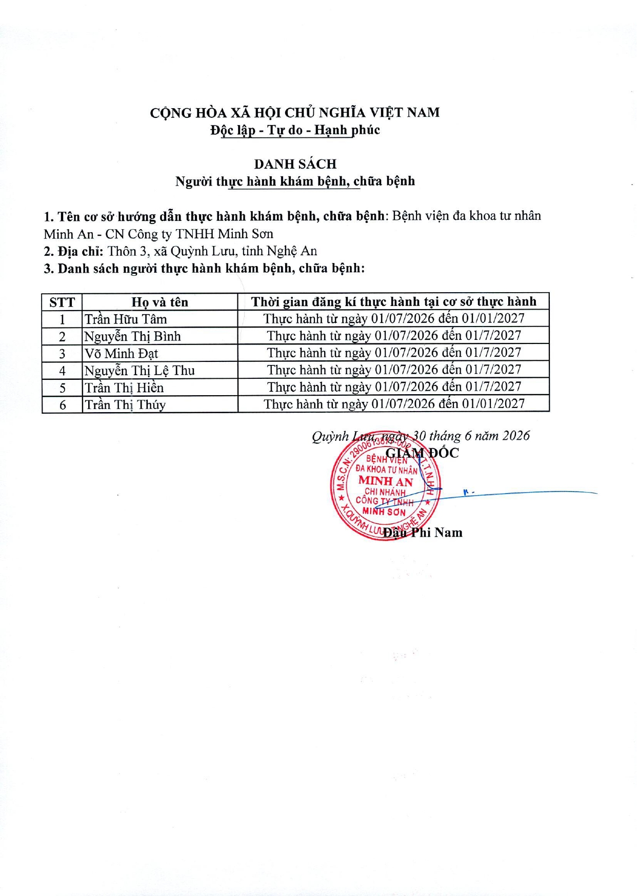 DANH SÁCH THỰC HÀNH KHÁM BỆNH, CHỮA BỆNH (NGÀY 30/06/2026)