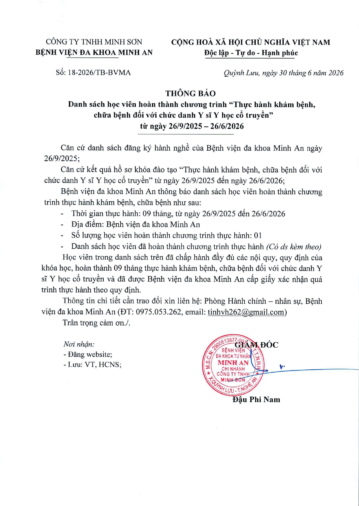 DANH SÁCH HỌC VIÊN HOÀN THÀNH CHƯƠNG TRÌNH THỰC HÀNH KHÁM BỆNH, CHỮA BỆNH (NGÀY 26/06/2026)