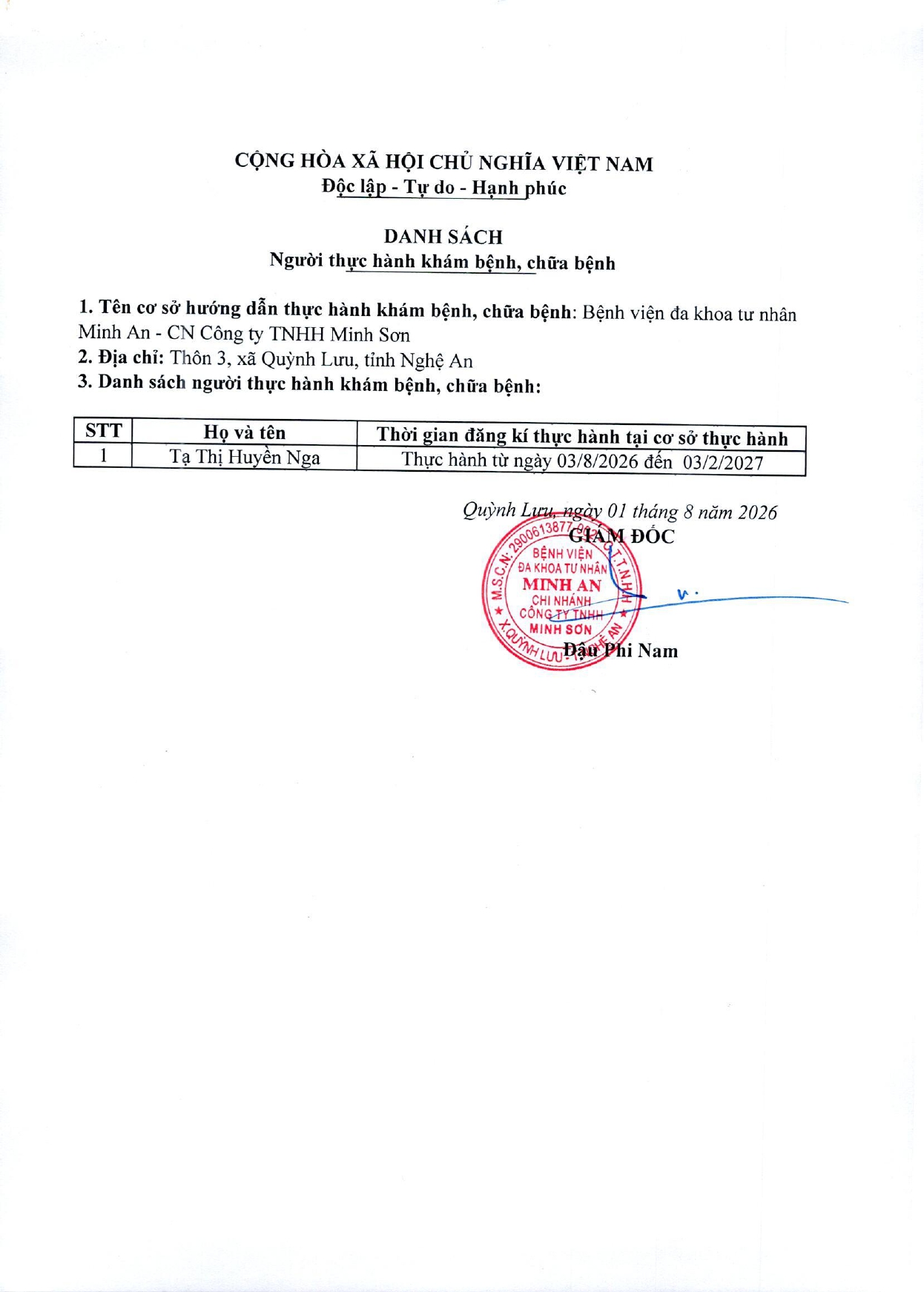 DANH SÁCH ĐĂNG KÝ THỰC HÀNH KHÁM BỆNH, CHỮA BỆNH (NGÀY 01/08/2026)