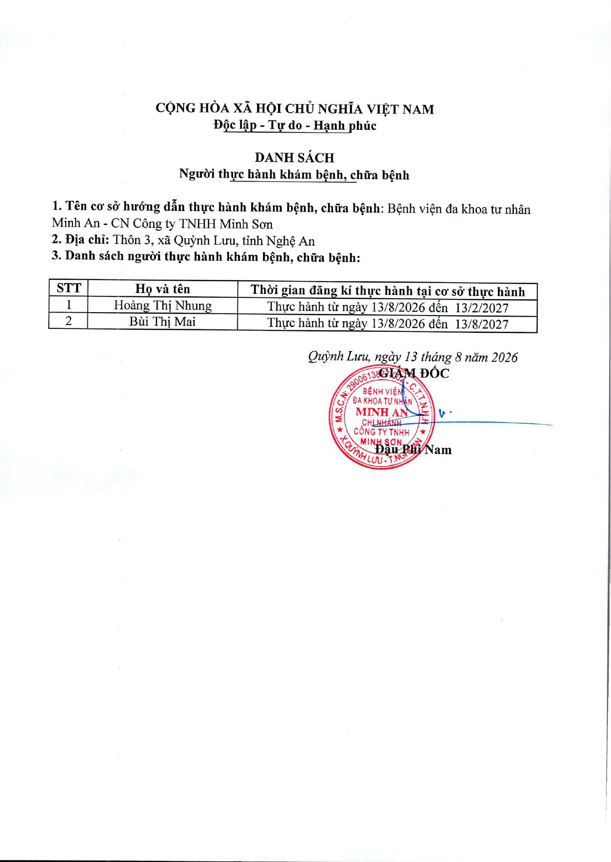 DANH SÁCH ĐĂNG KÝ THỰC HÀNH KHÁM BỆNH, CHỮA BỆNH (NGÀY 13/08/2026)