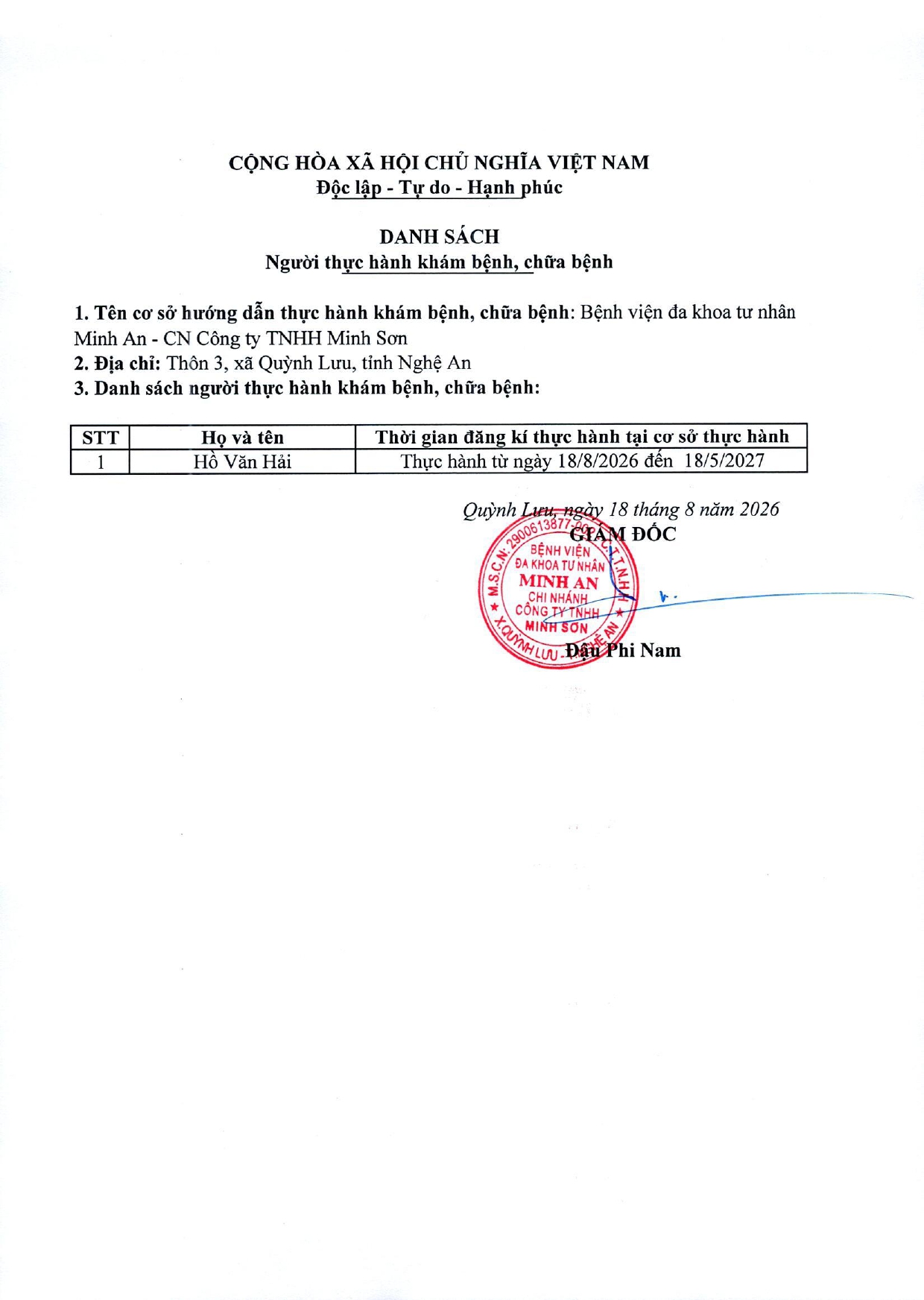 DANH SÁCH ĐĂNG KÝ THỰC HÀNH KHÁM BỆNH, CHỮA BỆNH (NGÀY 18/08/2026)