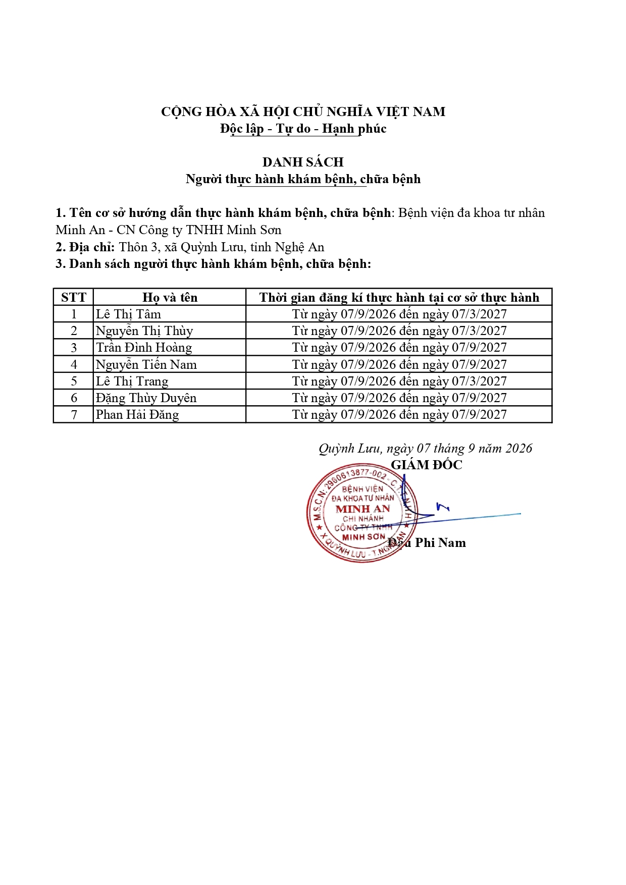 DANH SÁCH ĐĂNG KÝ THỰC HÀNH KHÁM BỆNH, CHỮA BỆNH (Ngày 07/09/2026)