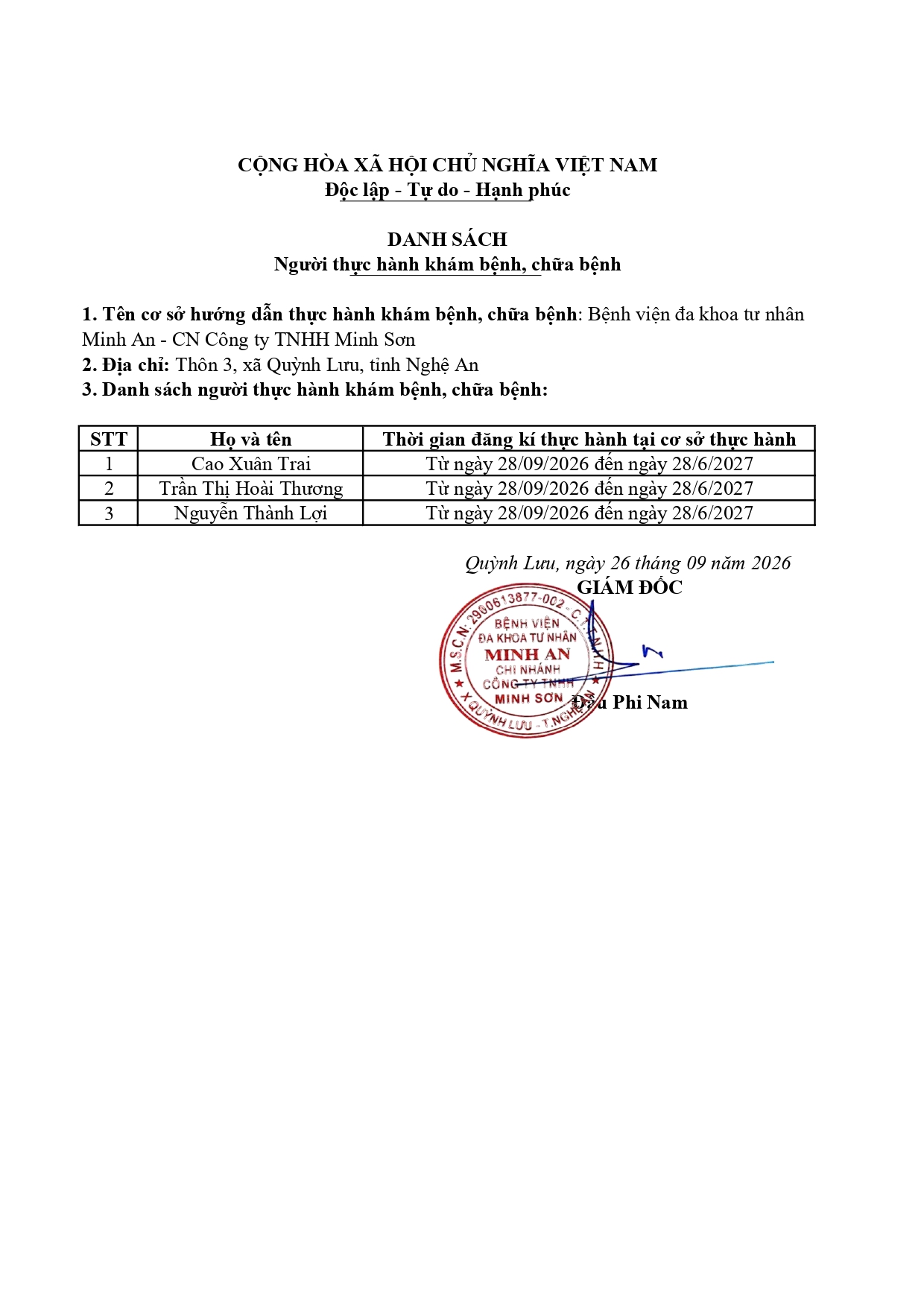DANH SÁCH ĐĂNG KÝ THỰC HÀNH KHÁM BỆNH, CHỮA BỆNH (Ngày 26/09/2026)