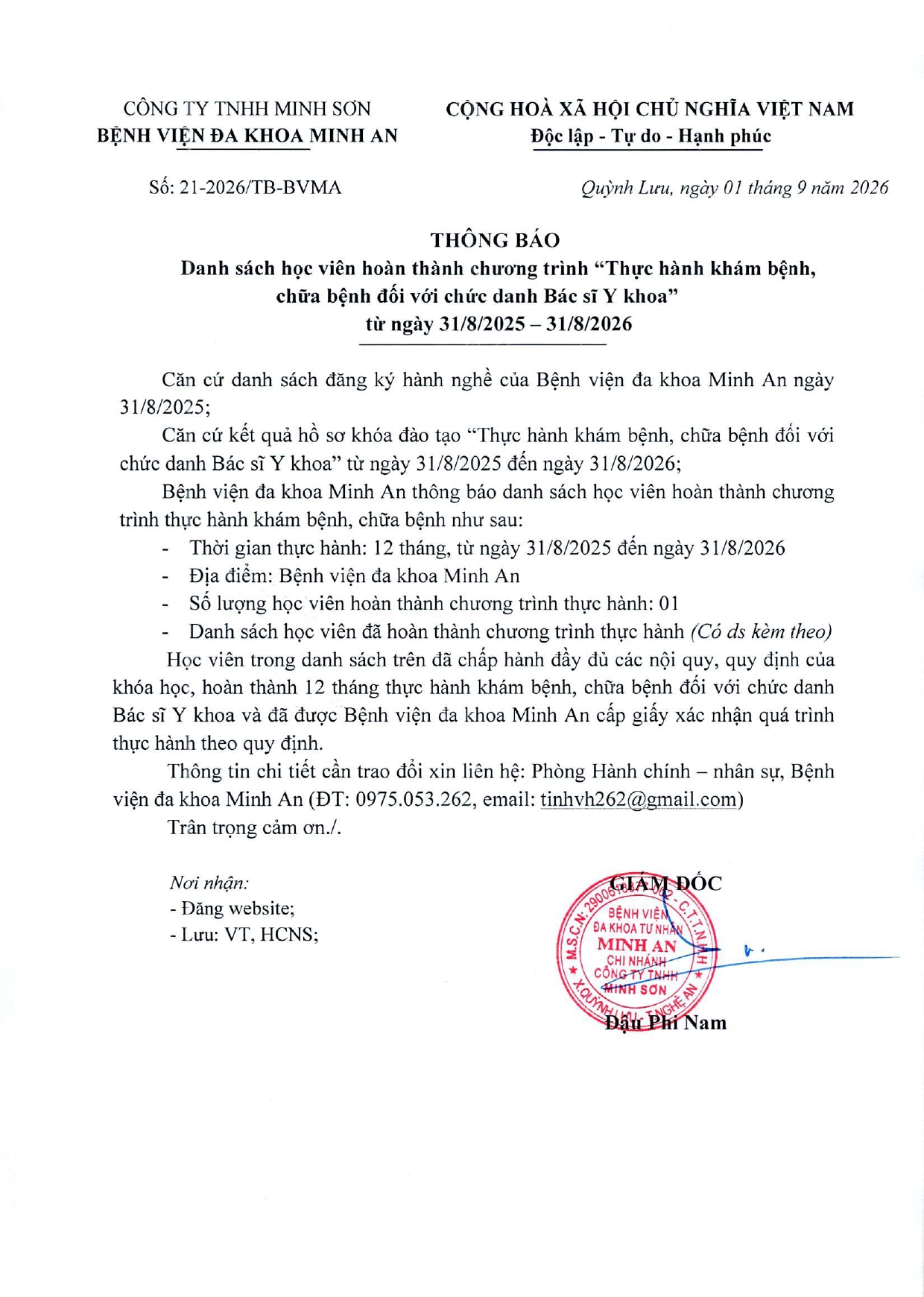 DANH SÁCH HOÀN THÀNH CHƯƠNG TRÌNH THỰC HÀNH KHÁM BỆNH, CHỮA BỆNH (NGÀY 01/09/2026)