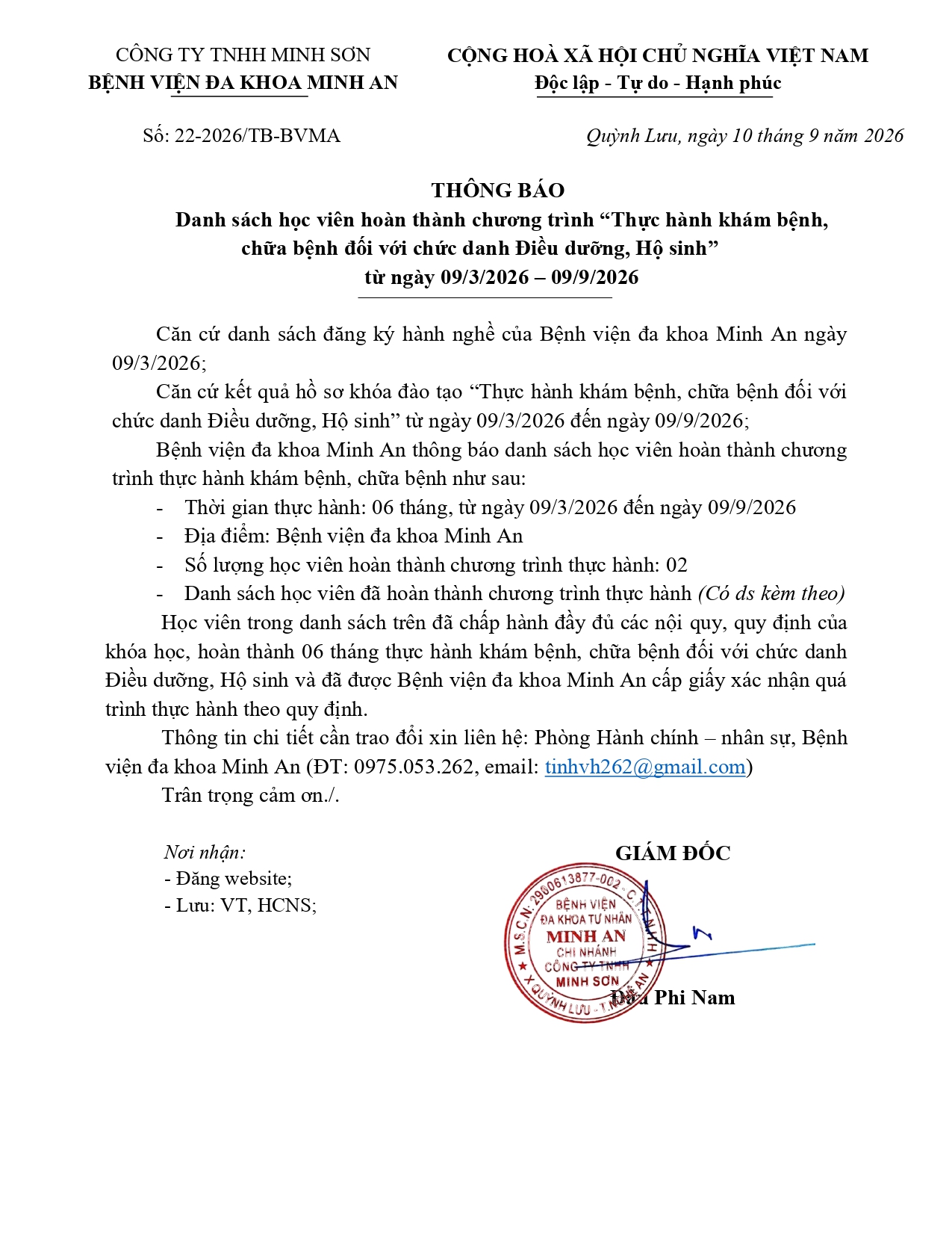 Thông báo danh sách hoàn thành thực hành khám bệnh, chữa bệnh (Ngày 10/09/2026)