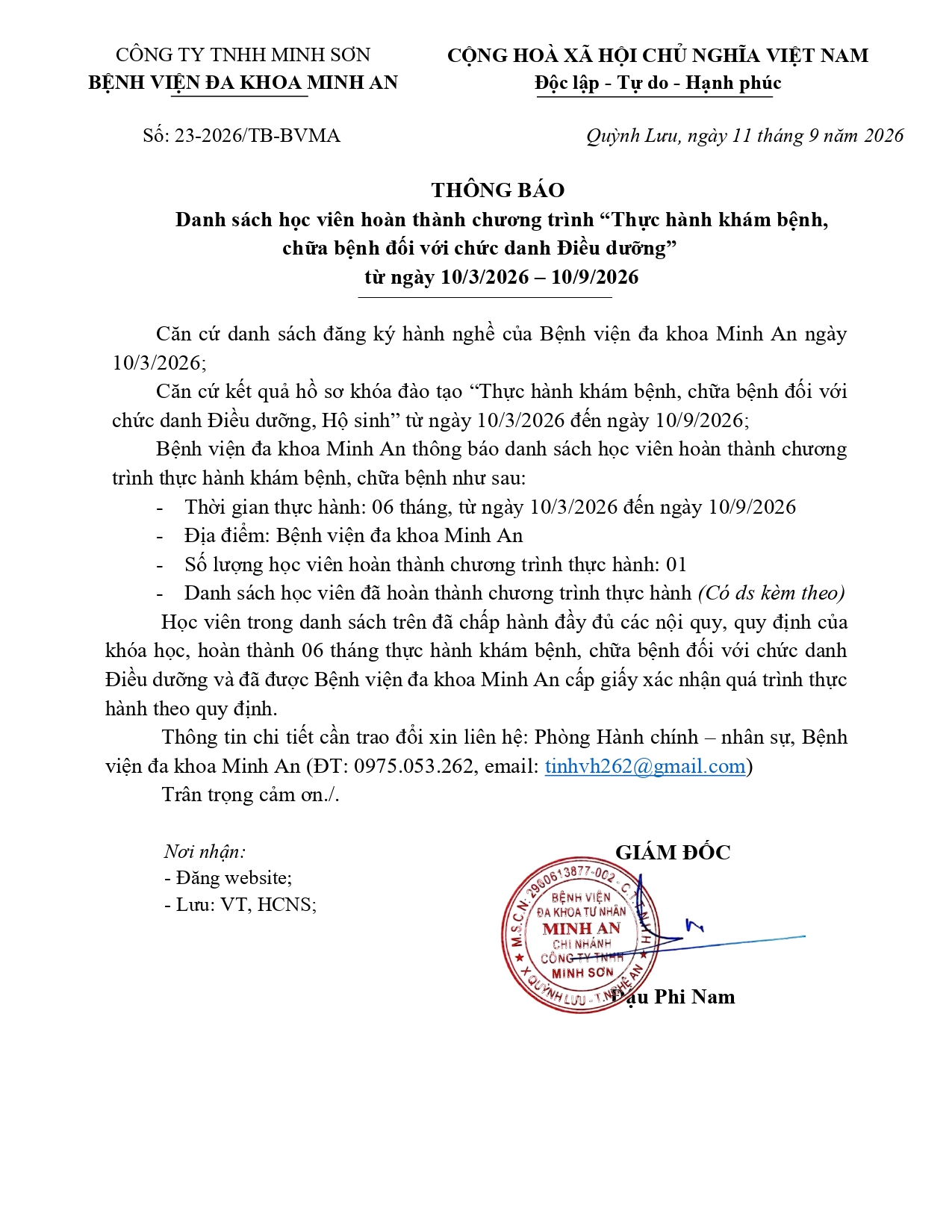 Thông báo danh sách hoàn thành thực hành khám bệnh, chữa bệnh (Ngày 11/09/2026)