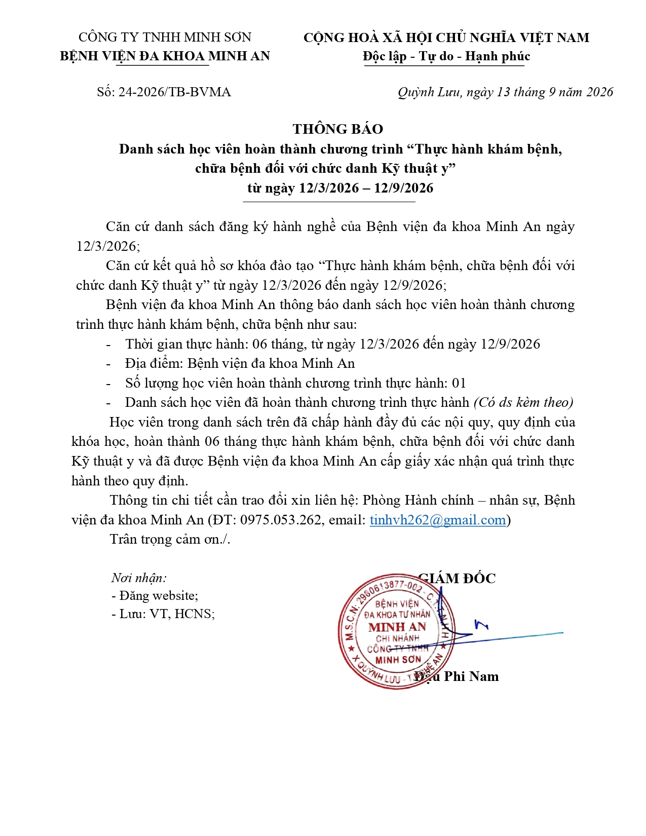Thông báo danh sách hoàn thành thực hành khám bệnh, chữa bệnh (Ngày 13/09/2026)
