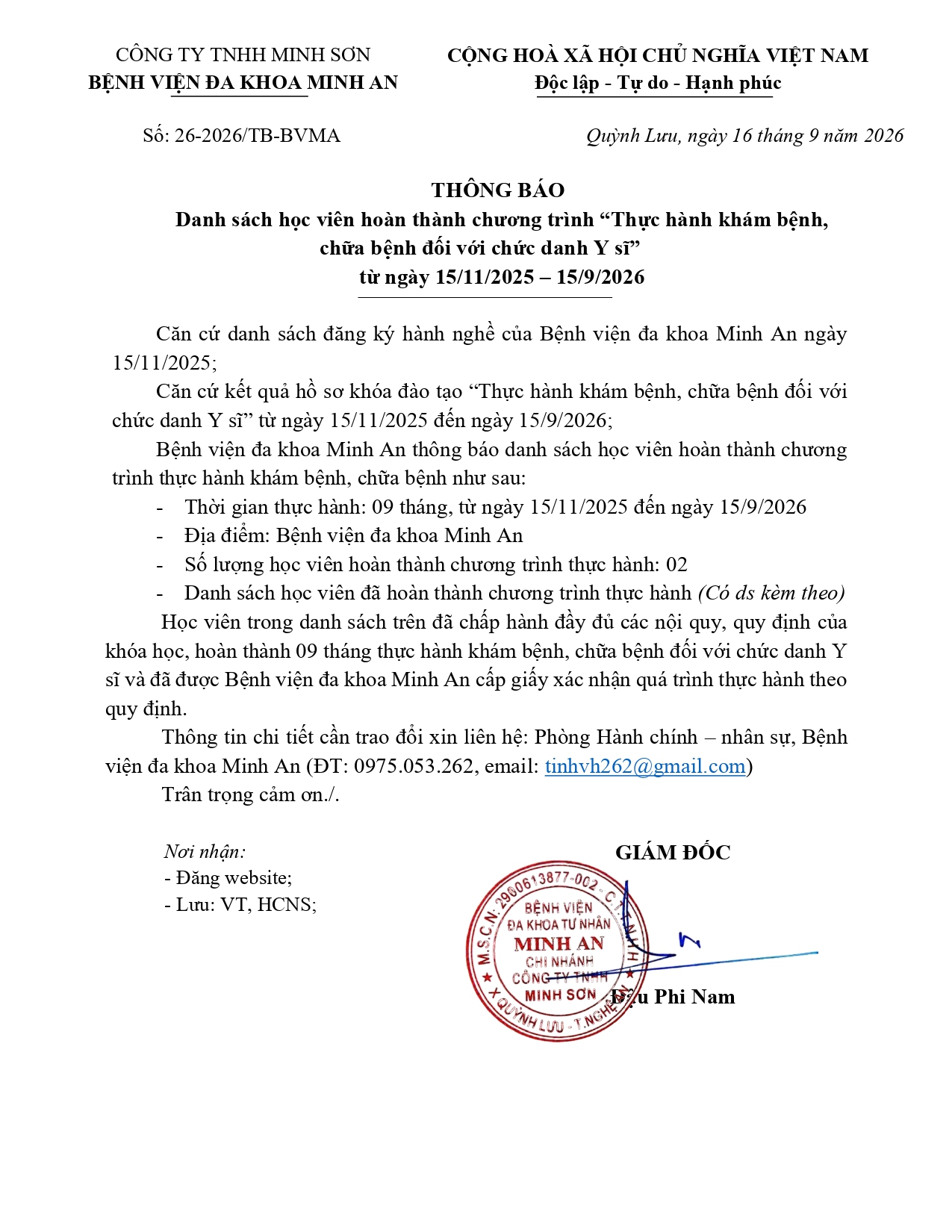 Thông báo danh sách hoàn thành thực hành khám bệnh, chữa bệnh (Ngày 15/09/2026)
